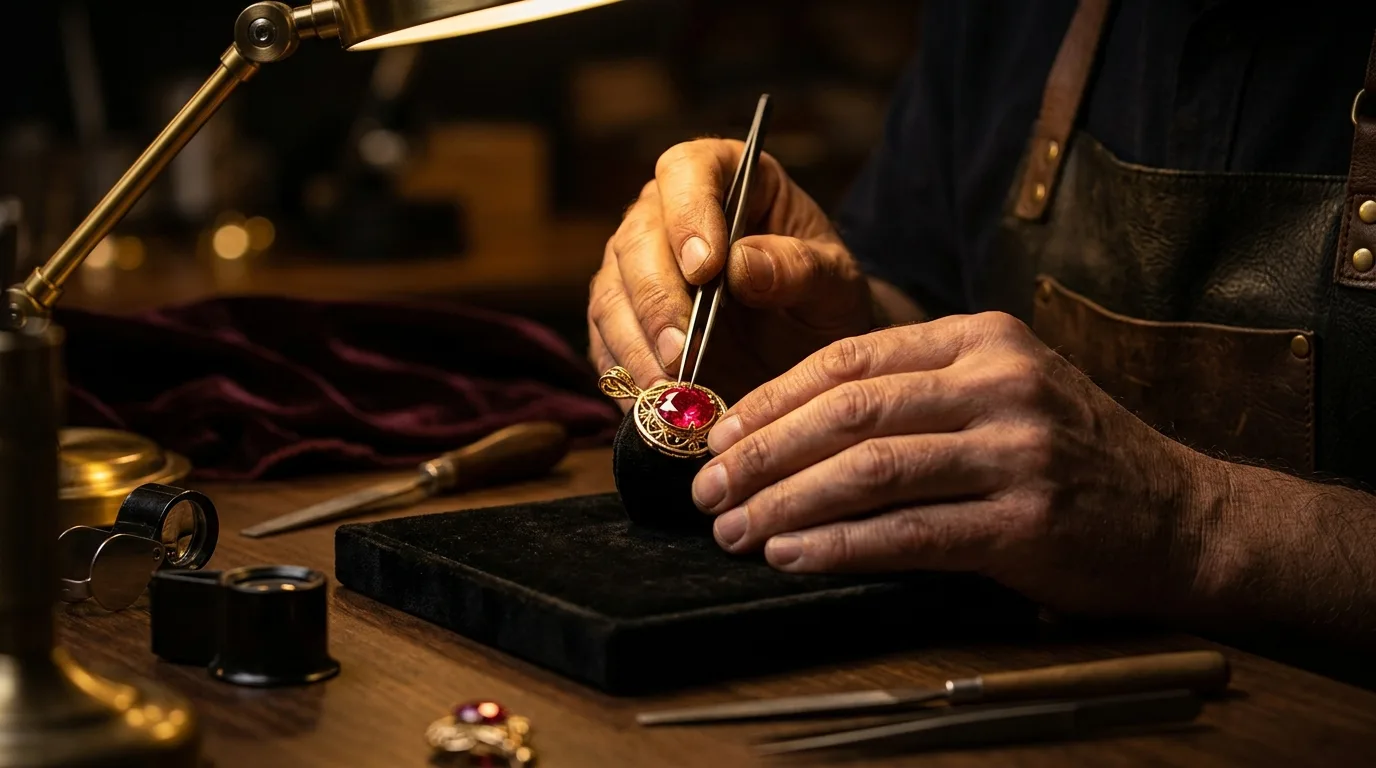 Artisan joaillier sertissant un rubis sur un pendentif en or