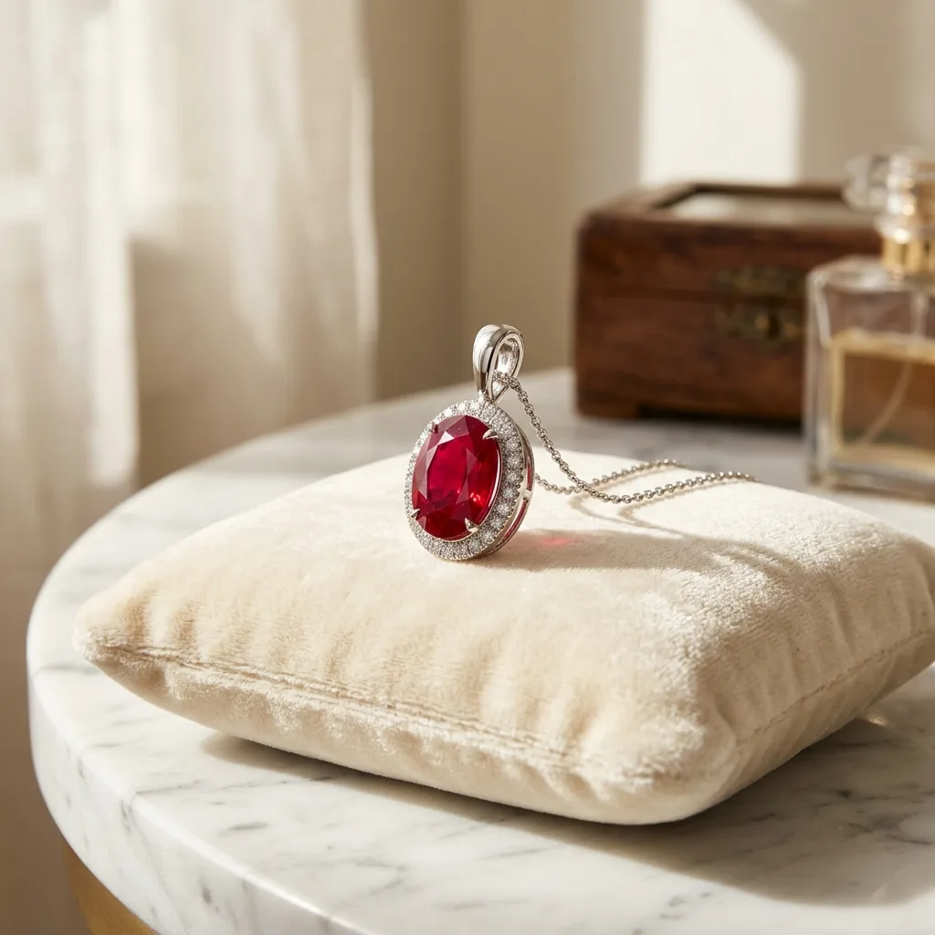 Pendentif rubis entouré de diamants en or blanc