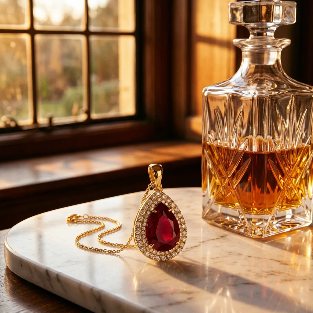 Pendentif rubis taille poire avec pavage de diamants en or